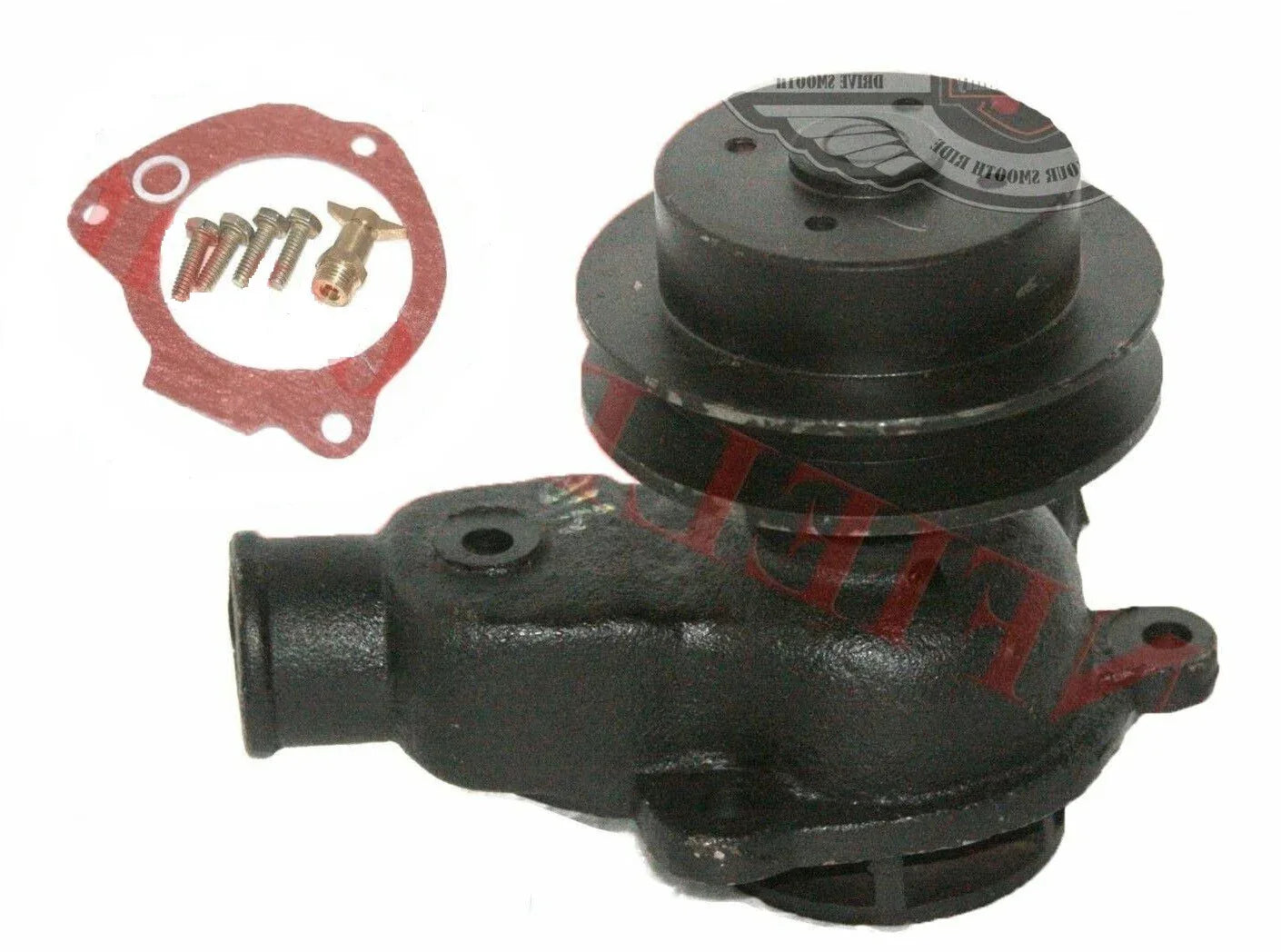 Water pump assembly with gasket and bolts, black metal housing, round pump body