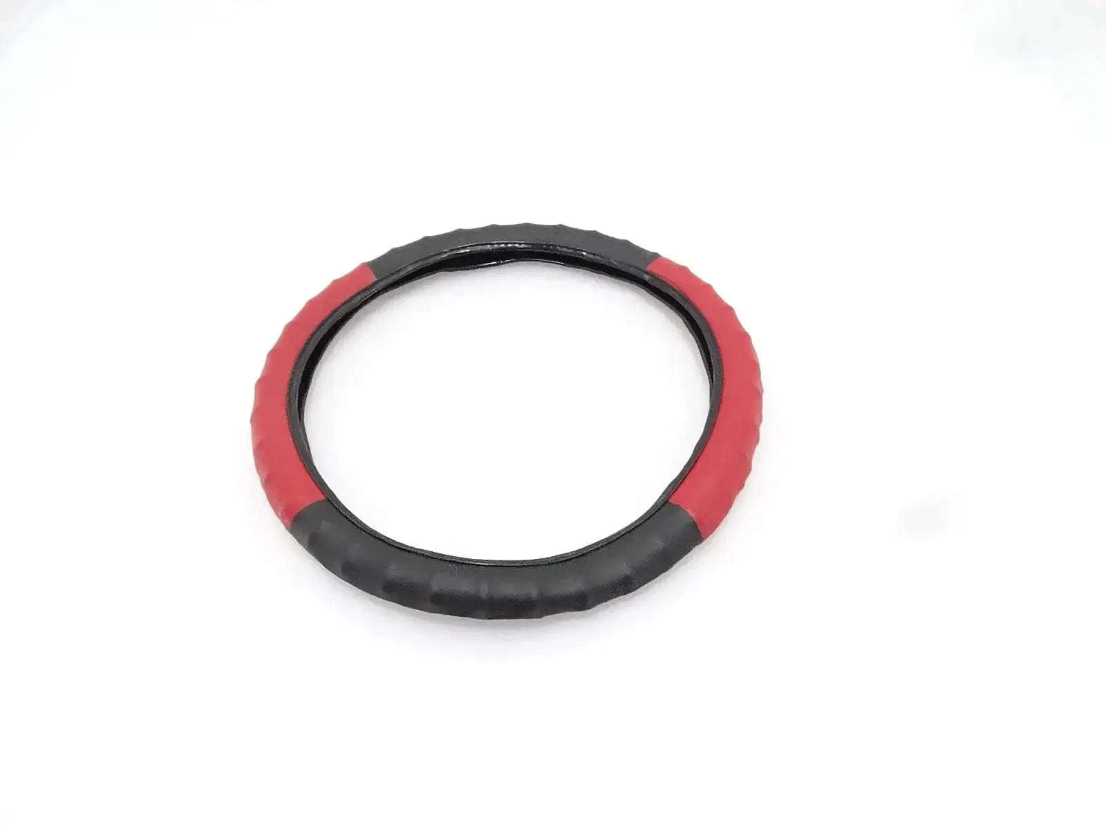Rubber steering wheel cover with red outer band and black grip