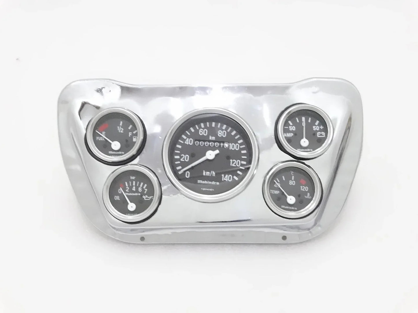 Chrome speedometer mounting plate with four gauges and illuminated dials
