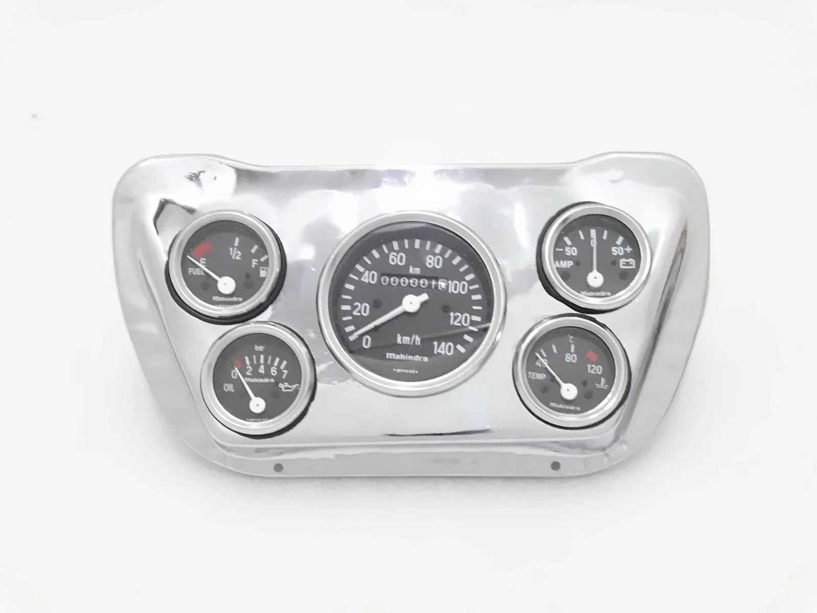 Chrome speedometer mounting plate with four gauges and illuminated dials
