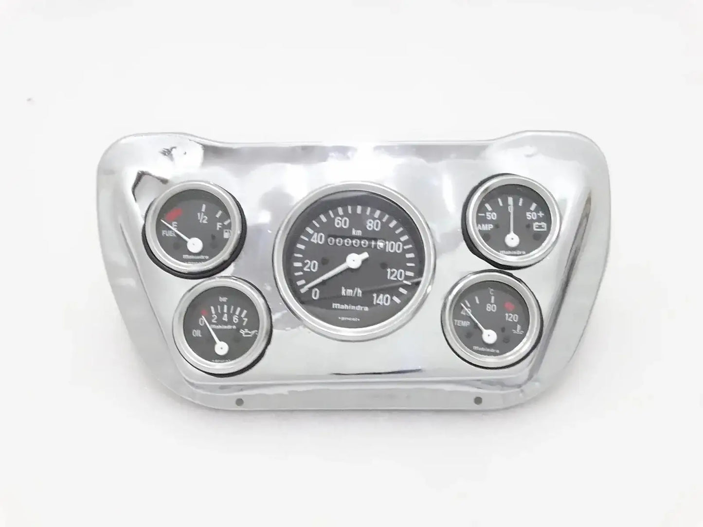 Chrome speedometer mounting plate with four gauges and illuminated dials
