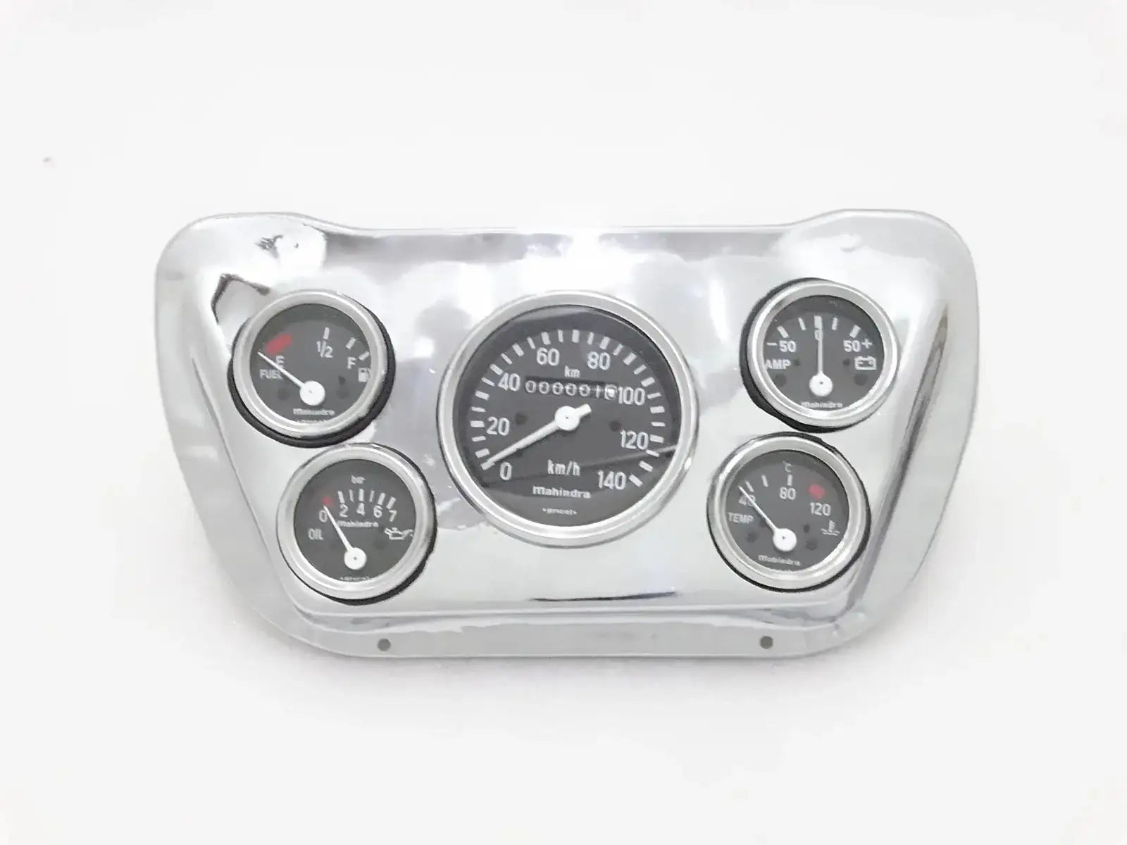 Chrome speedometer mounting plate with four gauges and illuminated dials