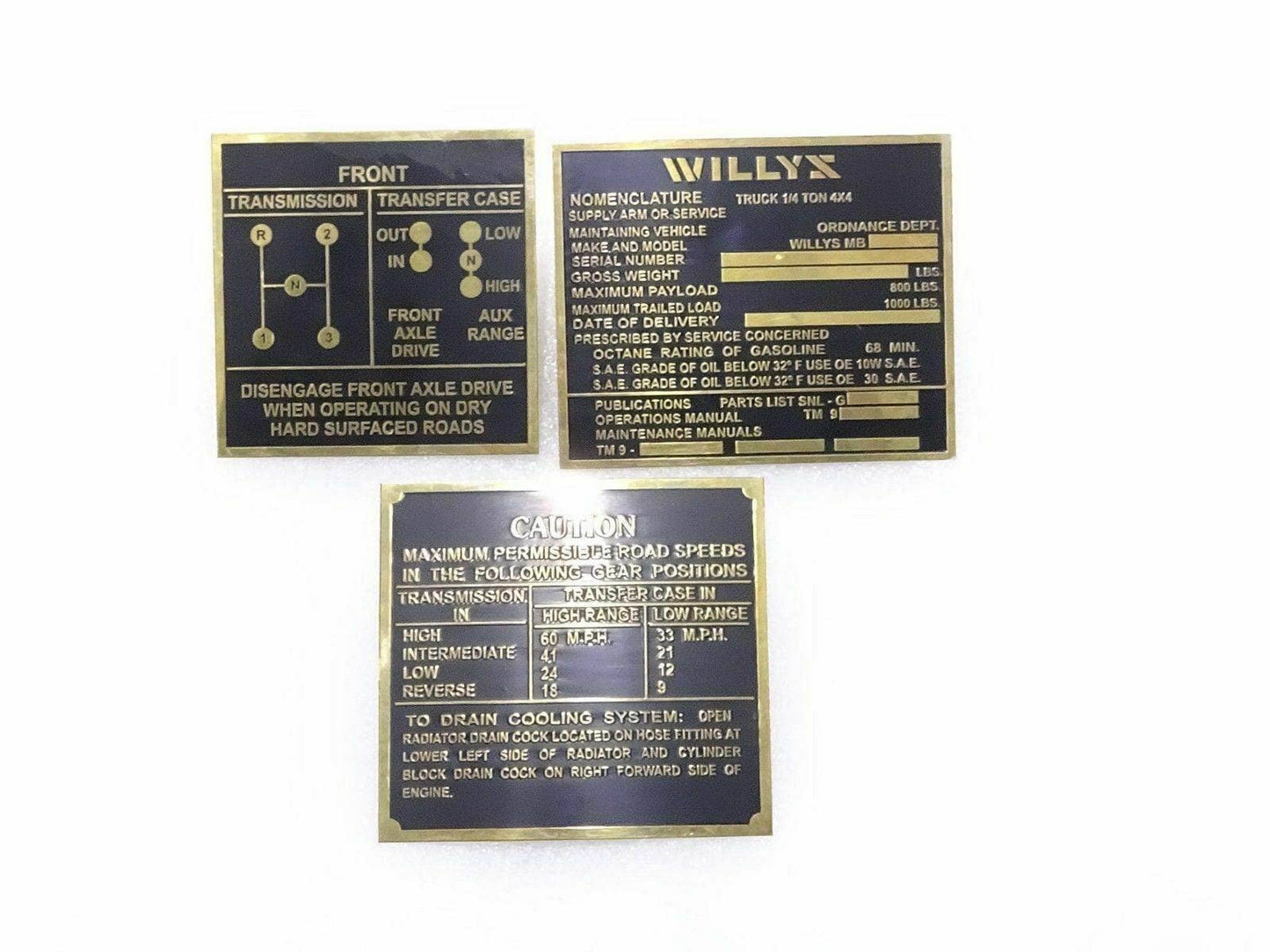 Willys Jeep transmission brass plate with speed instruction and operation details