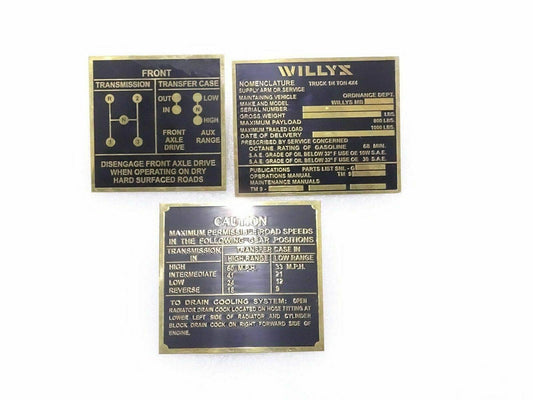 Willys Jeep transmission brass plate with speed instruction and operation details