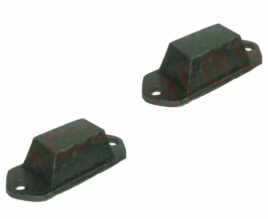 Set of 2 front axle bumper brackets, dark metal with mounting holes, curved profile