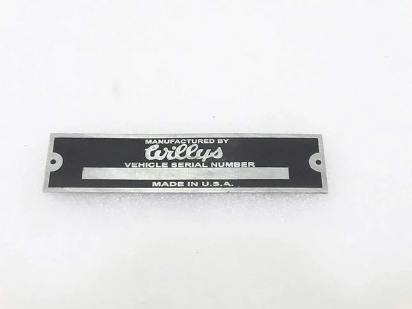 Willys vehicle serial number data plate, black aluminum with mounting holes