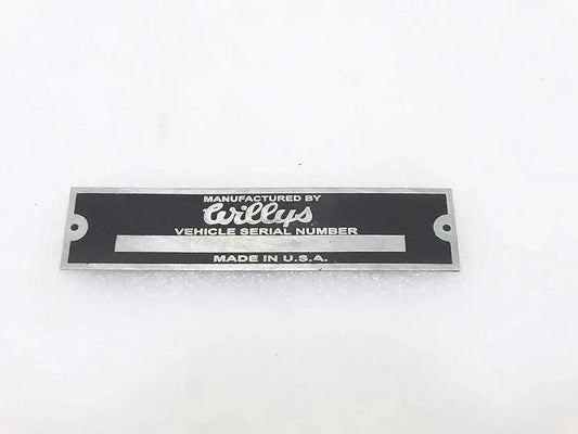 Willys vehicle serial number data plate, black aluminum with mounting holes