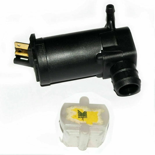 Windshield washer pump with black cylindrical body and white cap