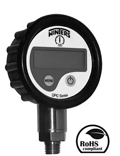 Digital high pressure gauge with round black housing, LCD screen, and metal pressure port