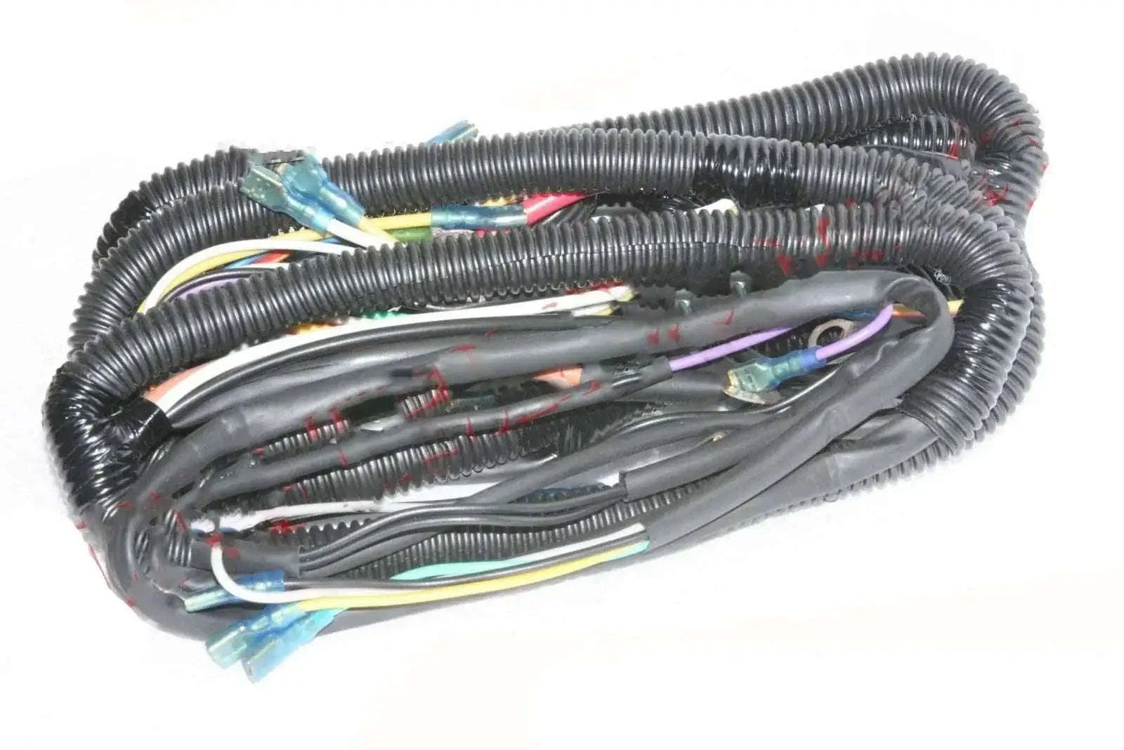 Wiring harness loom assembly with black corrugated conduit and multicolor wires
