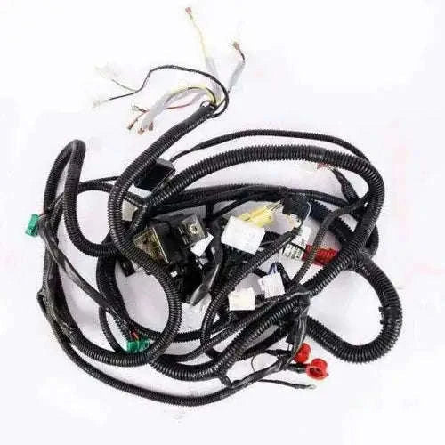 Tractor wiring harness with black cable loom and multi-pin connectors