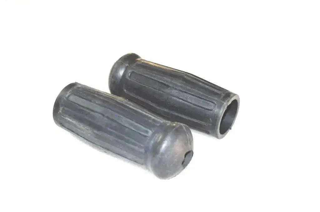 Rubber motorcycle handlebar grips, dark gray with open end and ribbed texture