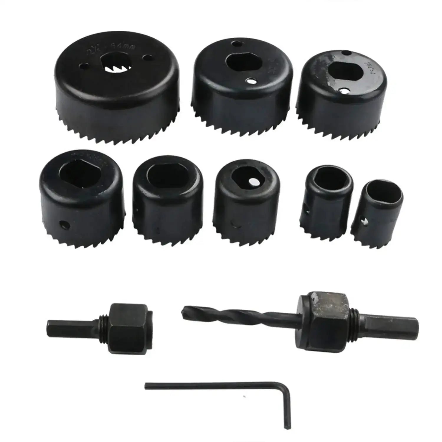 Black hole saw cutter set with multiple saw heads, pilot bit, and hex key.