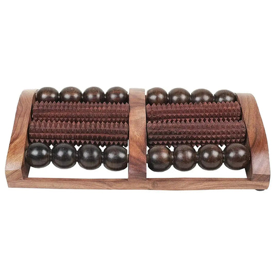 Wooden acupressure roller with eight dark ball nodes and textured massage surface