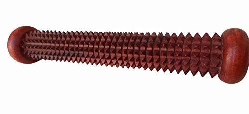 Wooden acupressure massager roller with ridged spiked center and rounded end caps