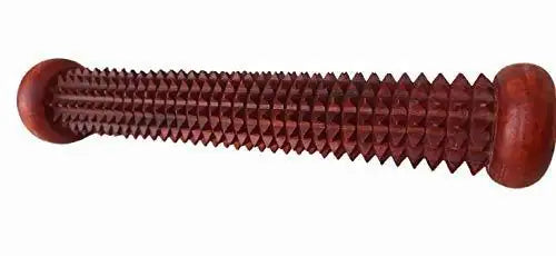 Wooden acupressure massager roller with ridged spiked center and rounded end caps