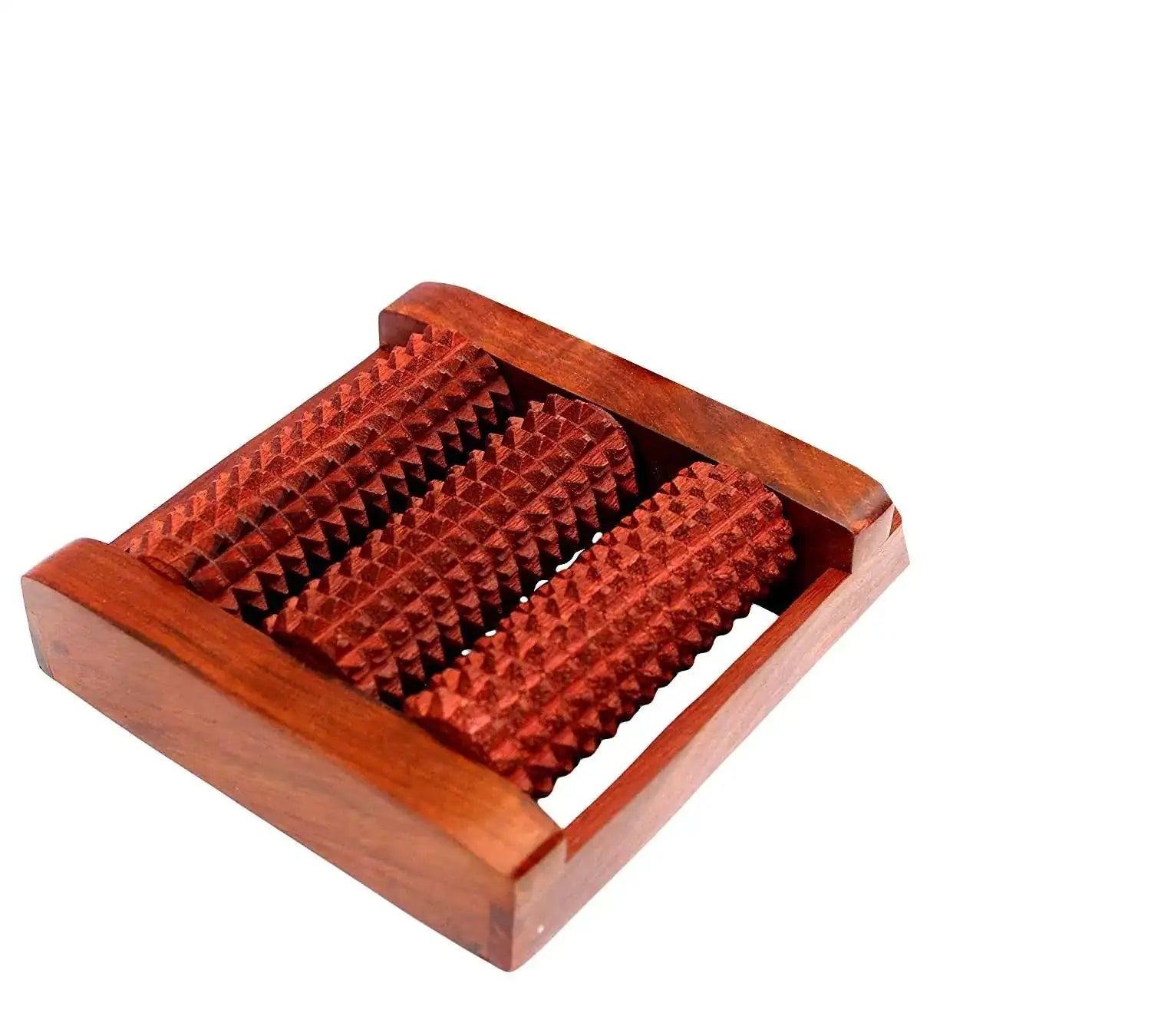 Wooden foot massager with red acupressure rollers in a rectangular tray