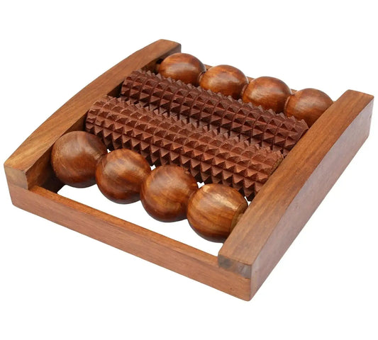Wooden foot massager roller tray with raised acupressure spikes and rounded rollers