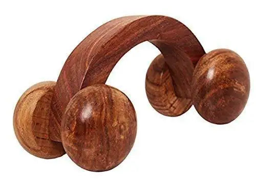 Handheld wooden acupressure roller massager with three curved rollers