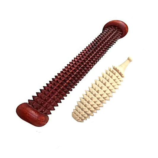 Wooden foot massager rod with dark brown roller and light spike acupressure texture