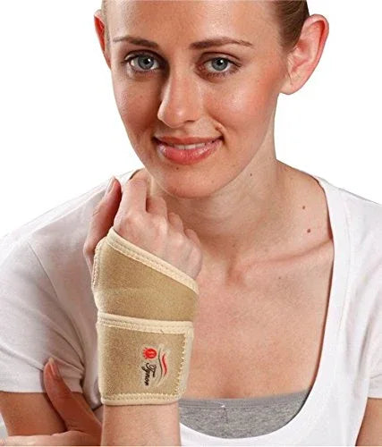 Neoprene wrist brace with thumb support from ACUPRESSURE, designed for comfort and stability during use