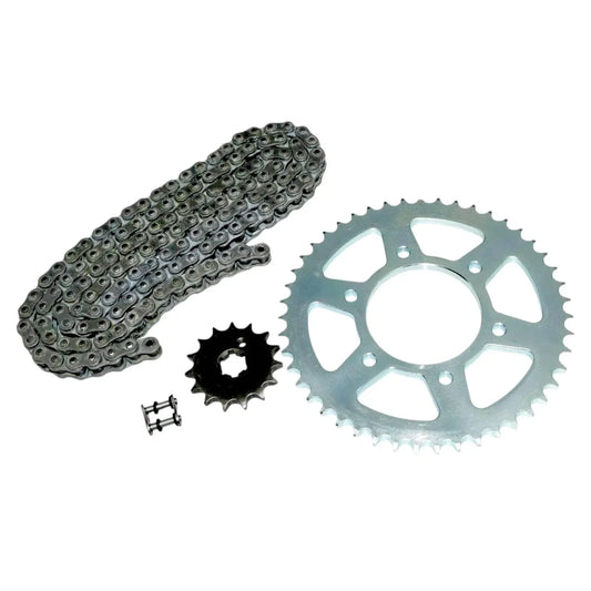 Motorcycle chain and sprocket set with dark chain, front and rear sprockets, pins