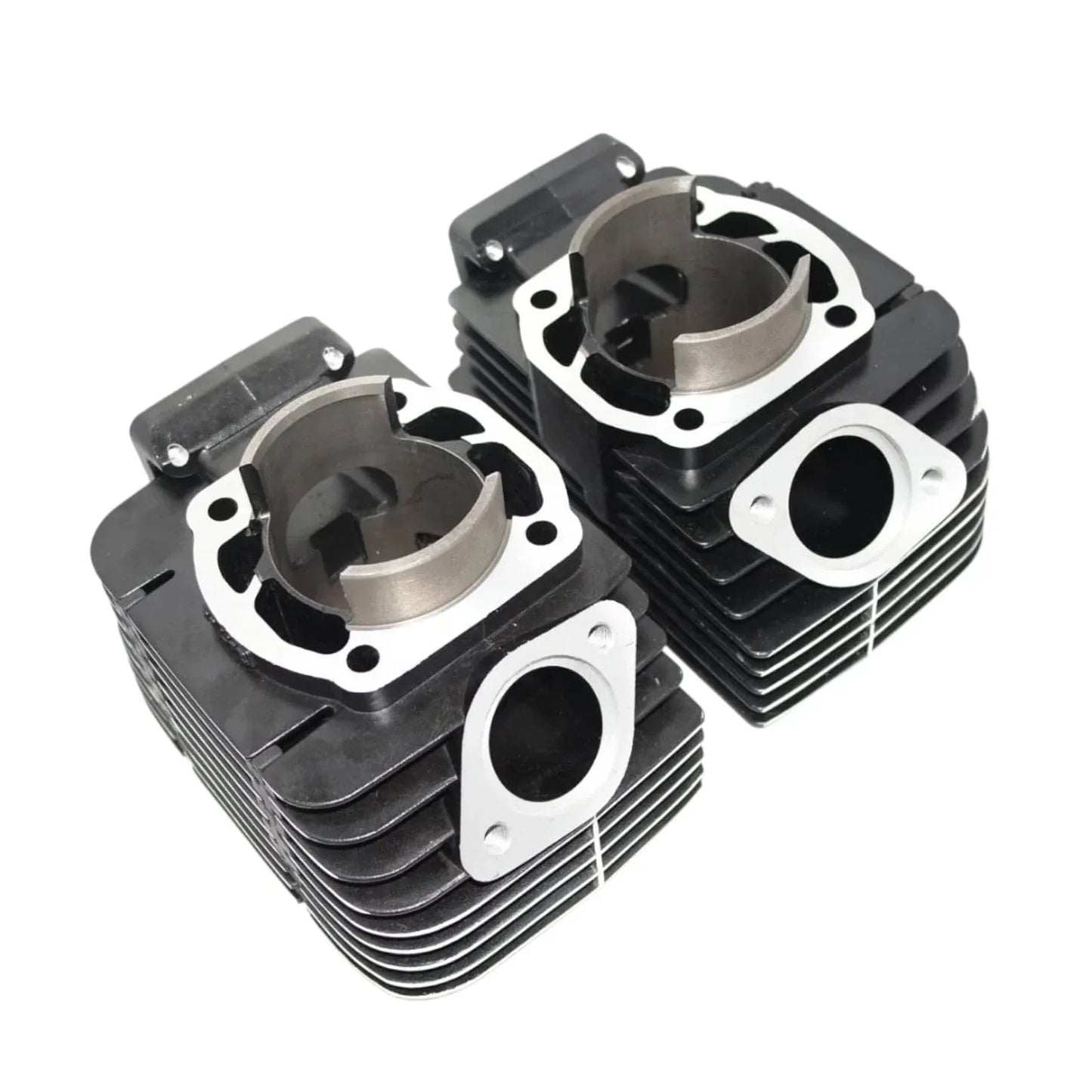 Yamaha RD350 cylinder piston kit featuring two black cylinder heads with precision engineering
