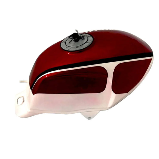 Yamaha RD350 petrol fuel tank with a sleek red design and stylish chrome accents