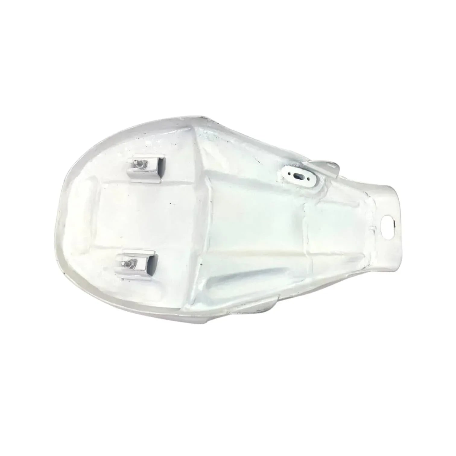 Unpainted white motorcycle fuel tank shell with mounting holes and brackets