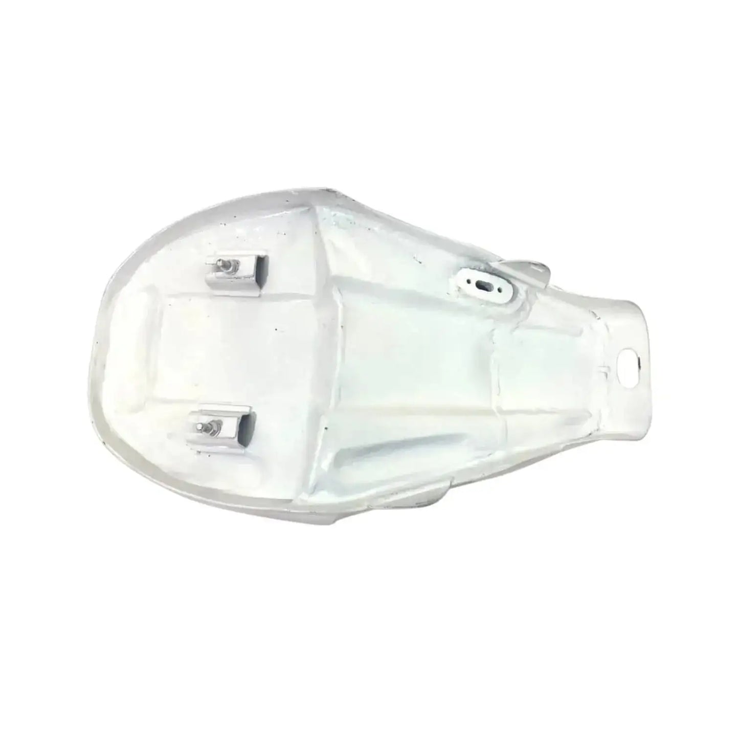 Unpainted white motorcycle fuel tank shell with mounting holes and brackets