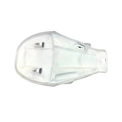 Unpainted white motorcycle fuel tank shell with mounting holes and brackets