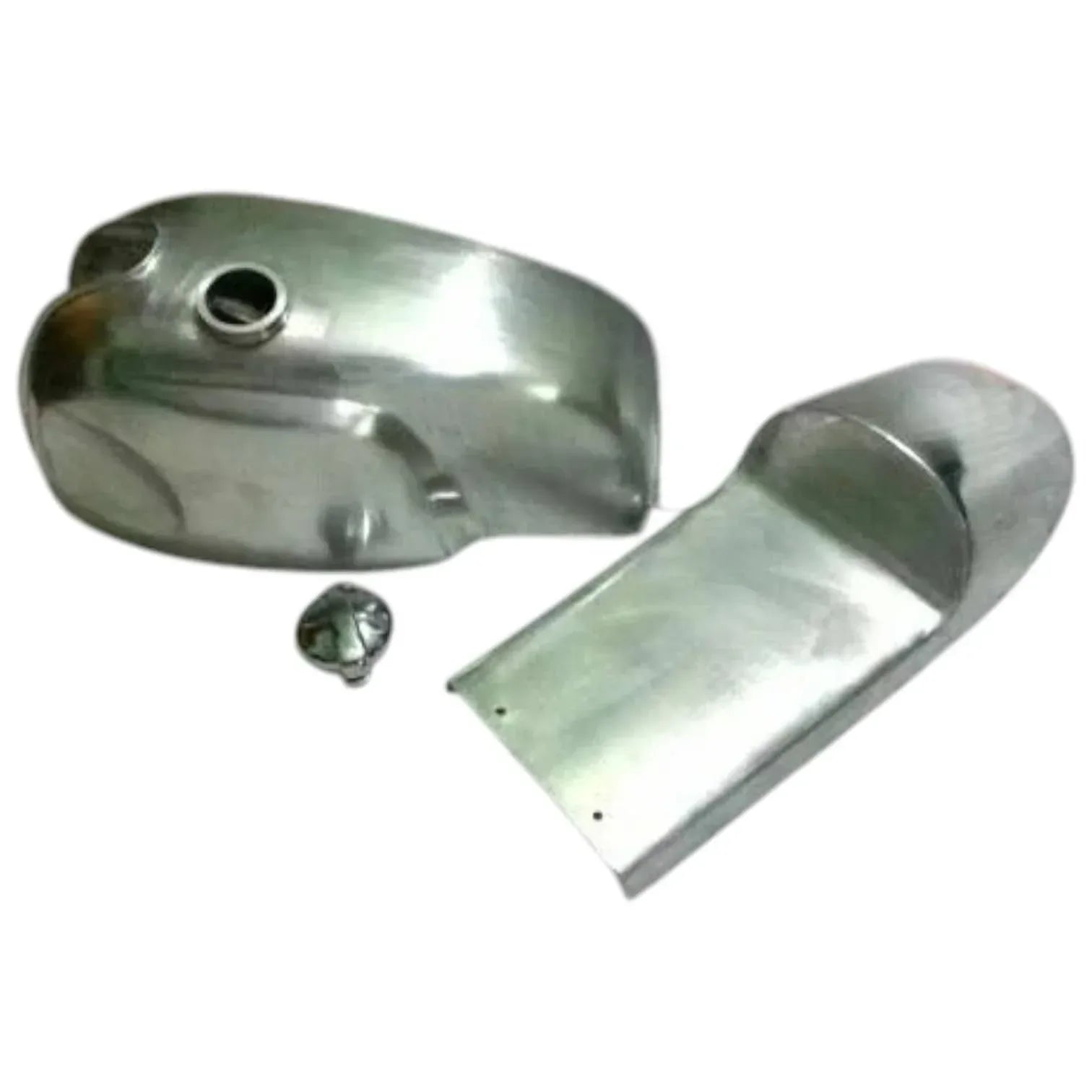 Alloy cafe racer fuel tank shell with round opening and matching seat pan, metal