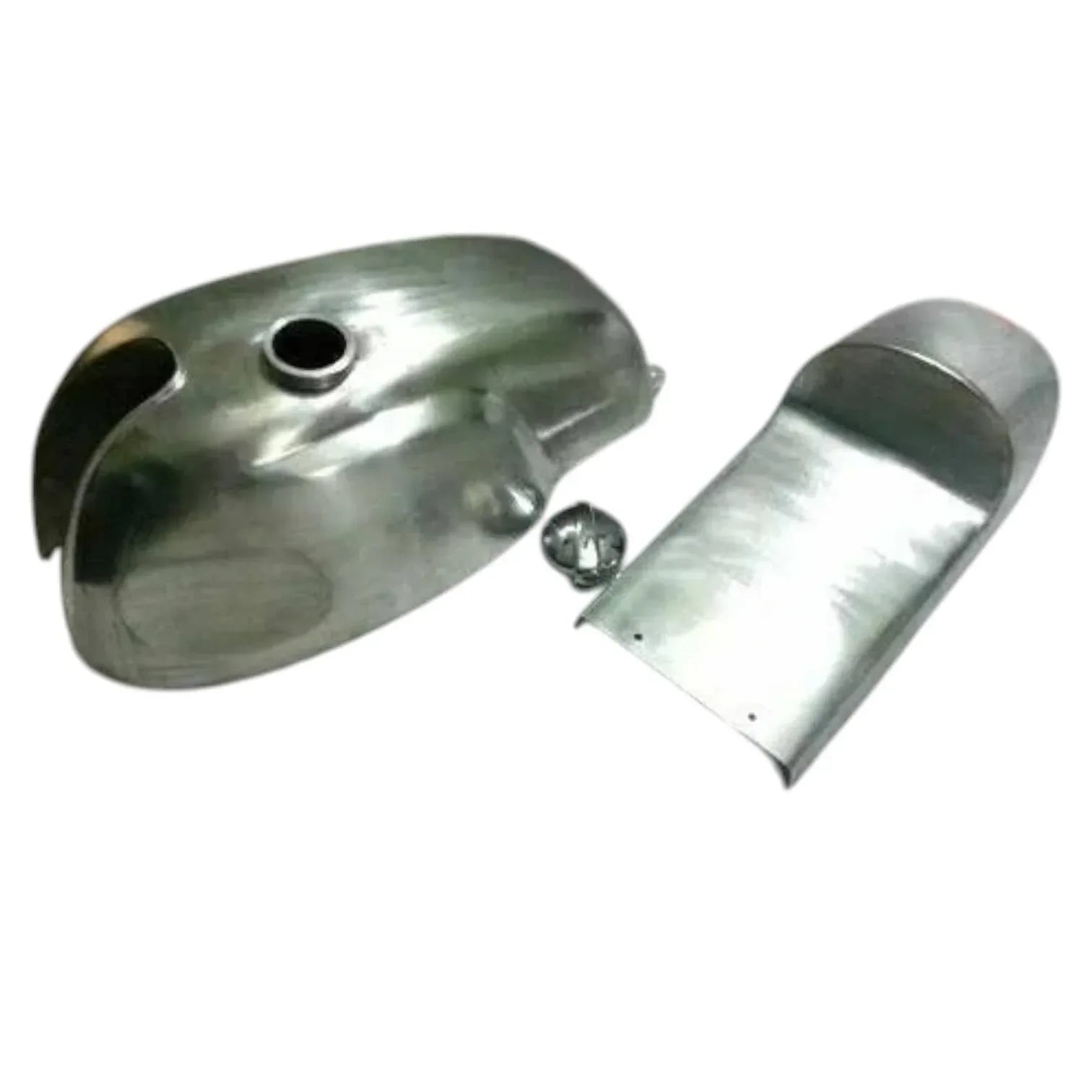 Alloy fuel tank and seat pan set for cafe racer, metal finish with mounting studs