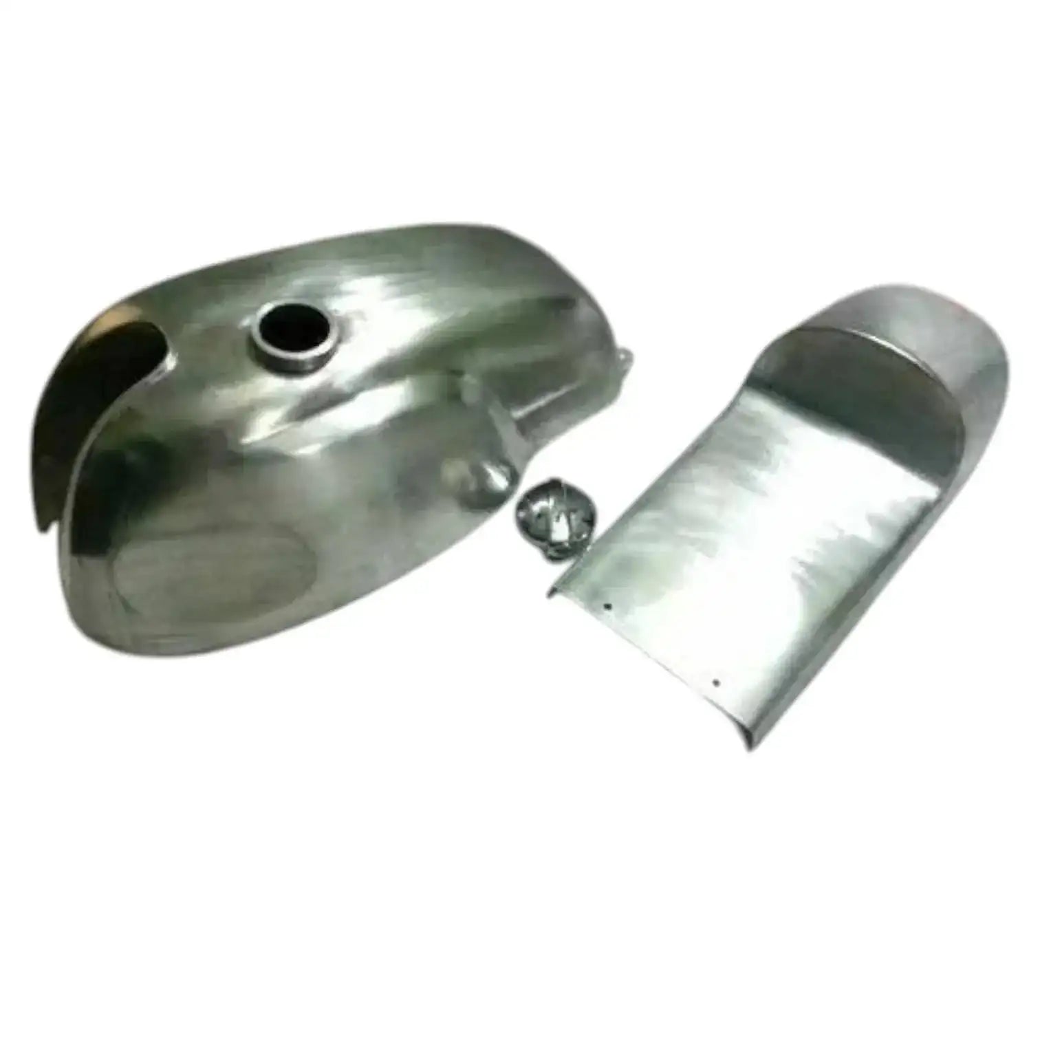 Alloy fuel tank and seat pan set for cafe racer, metal finish with mounting studs