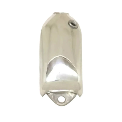 Polished aluminum fuel tank shell with top cap opening and outlet hole