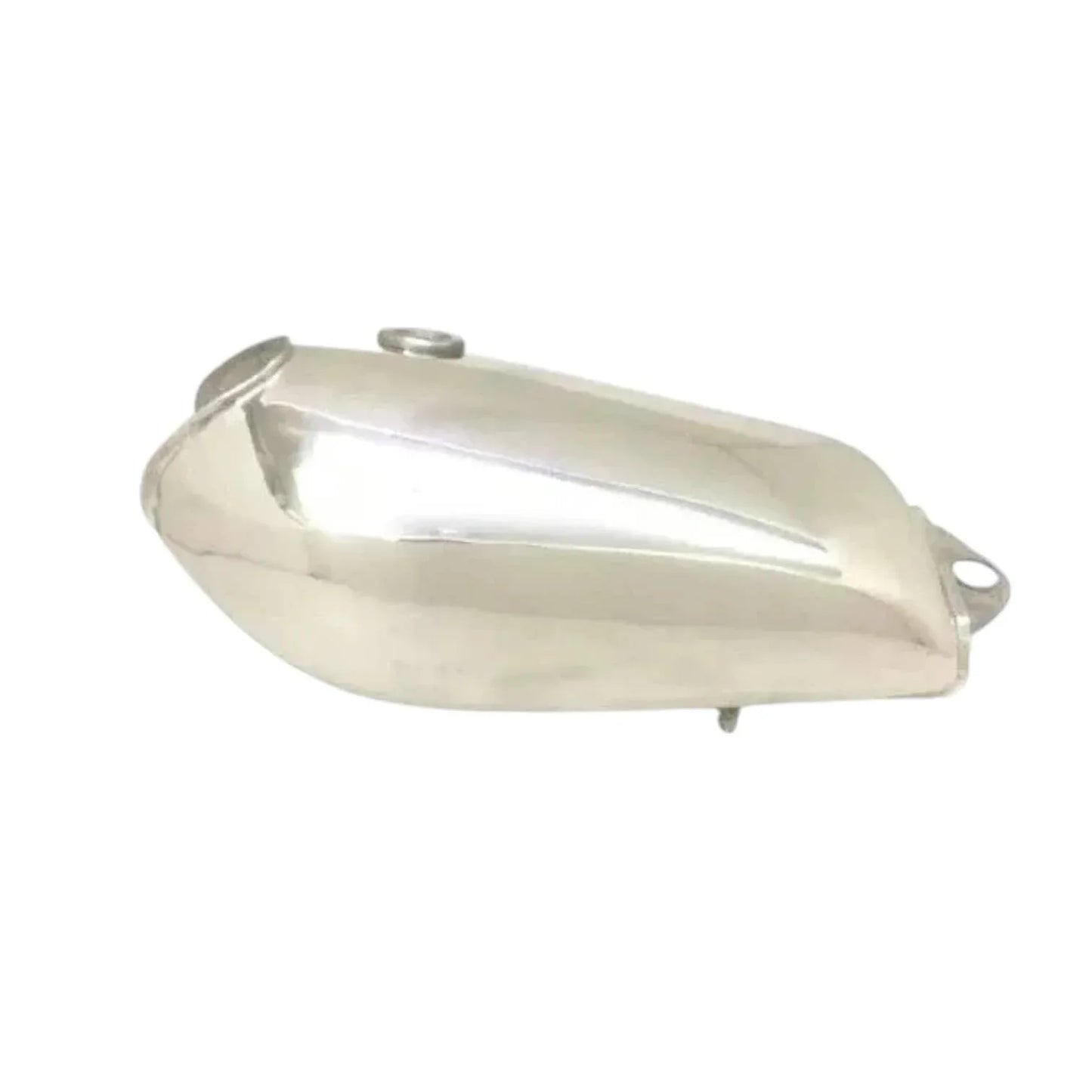 Polished aluminum fuel tank with smooth curved profile and side mounting holes