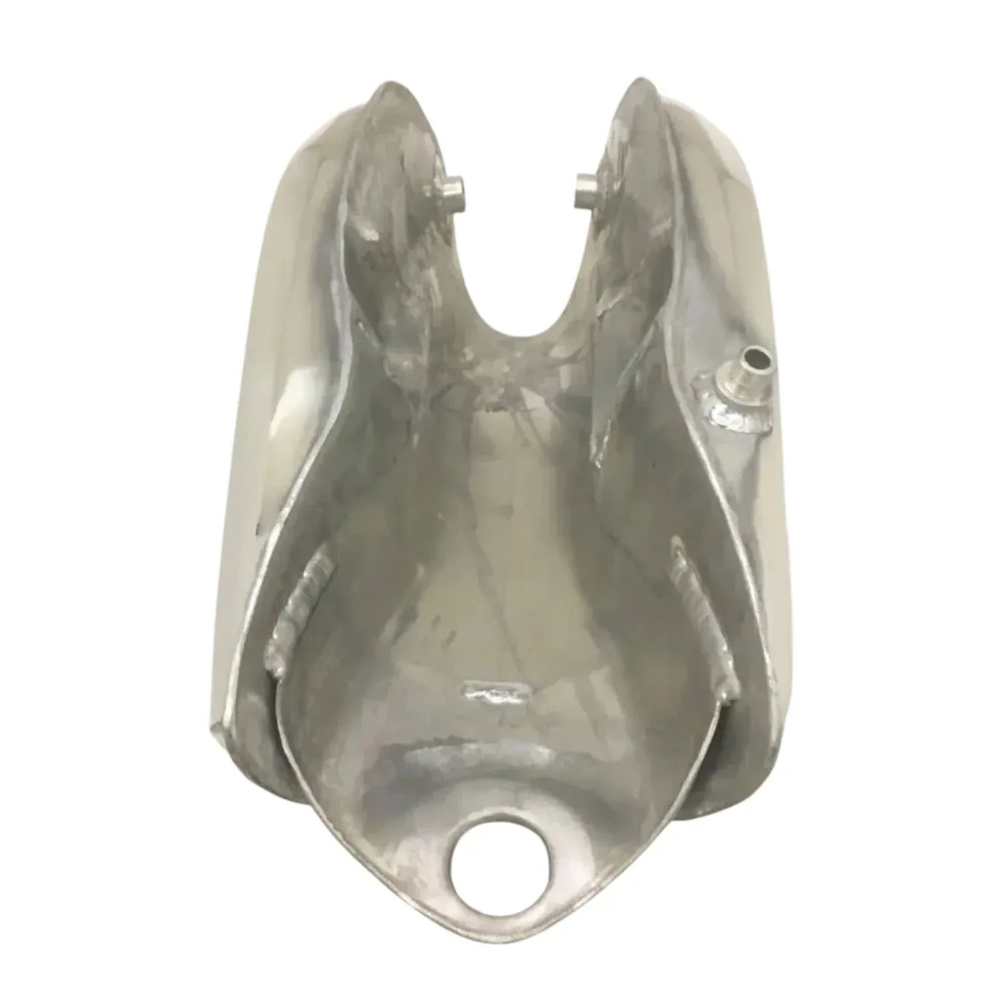 Polished aluminum fuel tank cover with circular outlet hole and mounting tabs