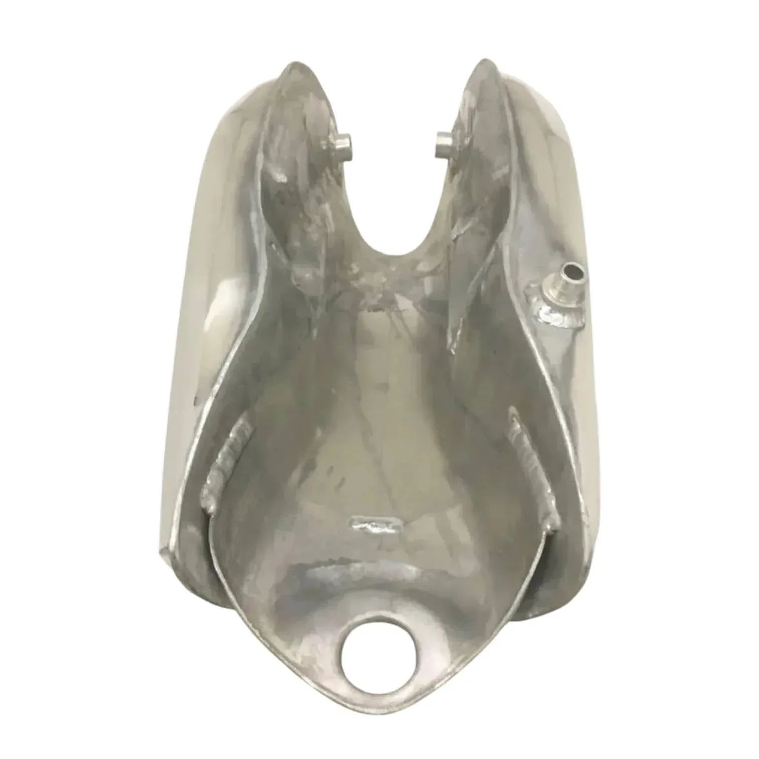 Polished aluminum fuel tank cover with circular outlet hole and mounting tabs