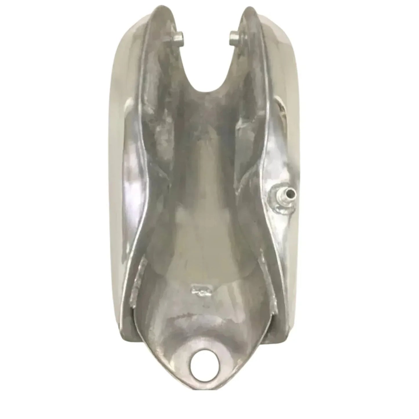 Polished aluminum fuel tank with two mounting studs and round outlet opening