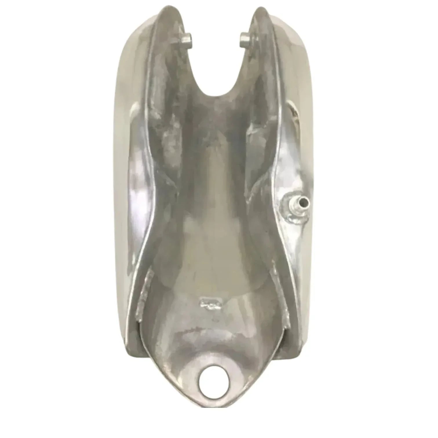 Polished aluminum fuel tank with two mounting studs and round outlet opening