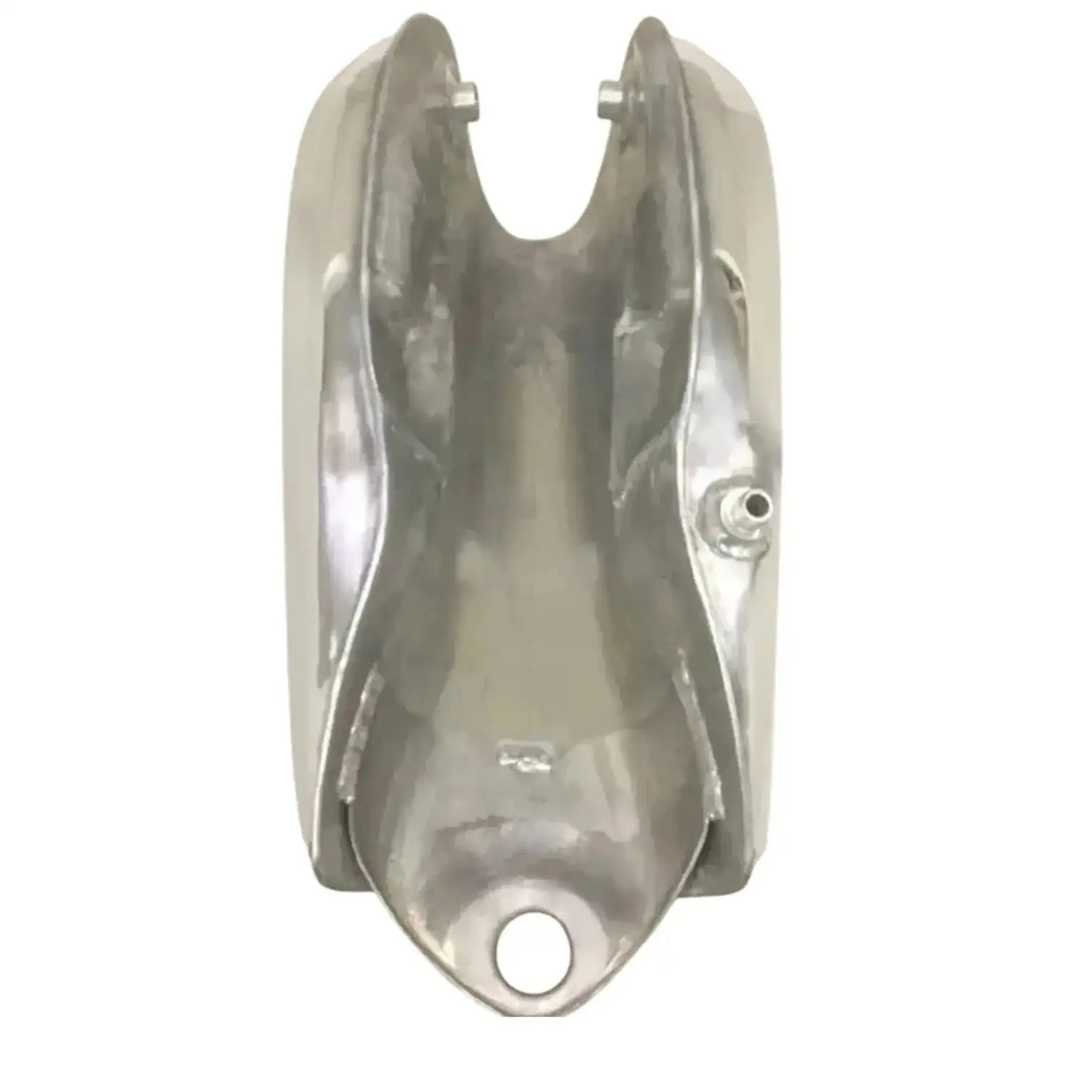 Polished aluminum fuel tank with two mounting studs and round outlet opening